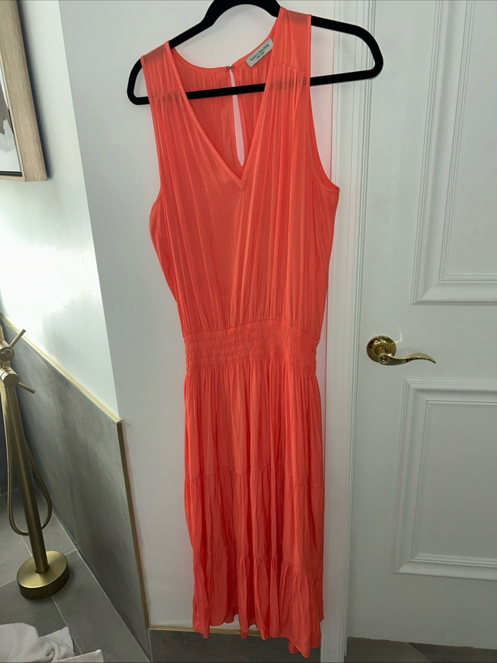 Ramy Brook Coral-Peach Pleated V-Neck Dress